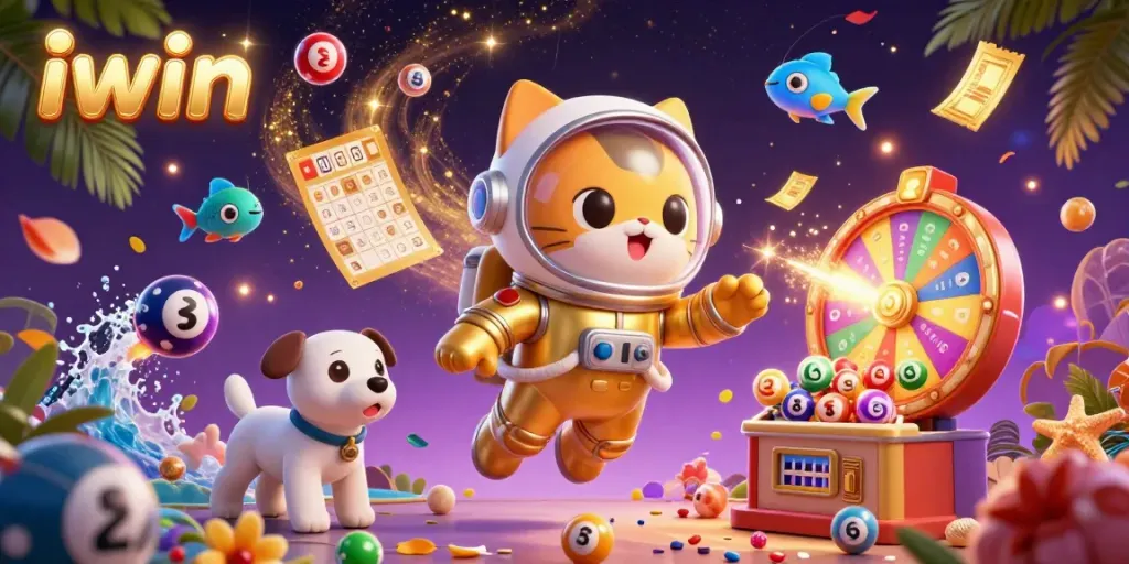 Experience the thrill of winning at iwin with vibrant games, colorful lottery balls, and dynamic elements surrounding a space-themed adventure.