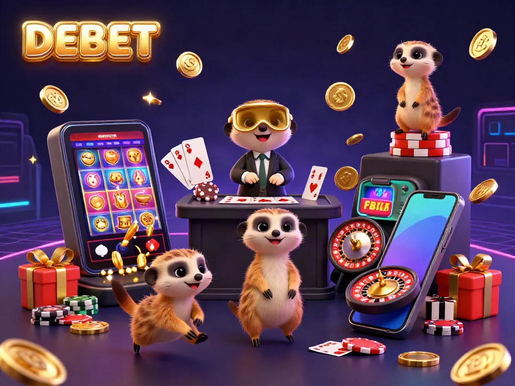 Play thrilling games at DEBET with meerkats managing a vibrant casino scene featuring colorful slot games.