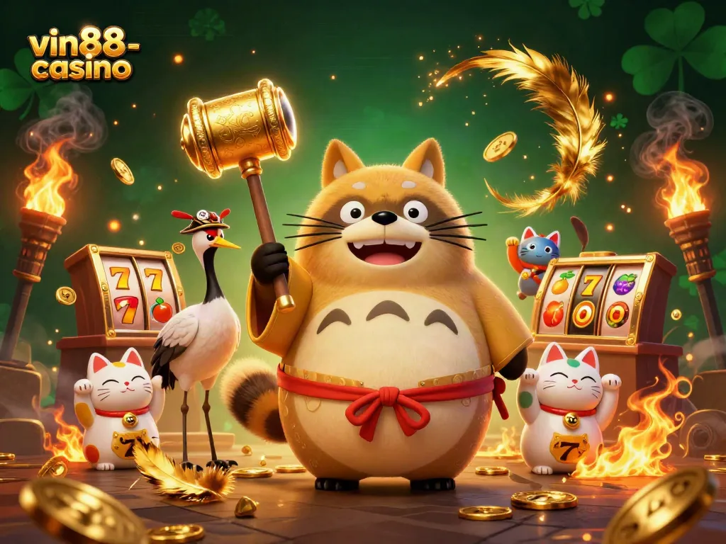 Experience thrilling gameplay with vin88-casino’s vibrant illustration featuring a playful tanuki and luck-bringing symbols.