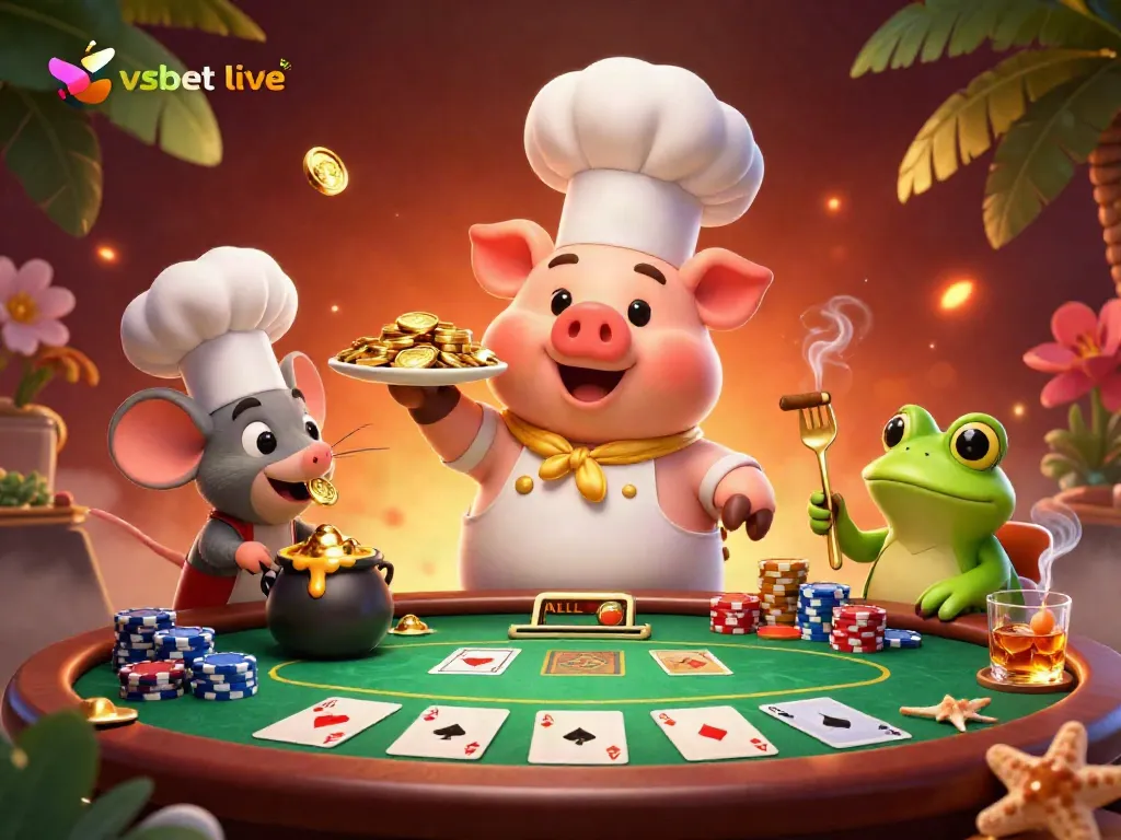 Experience vsbet live action in this vibrant casino scene with characters, poker elements, and gold coins.