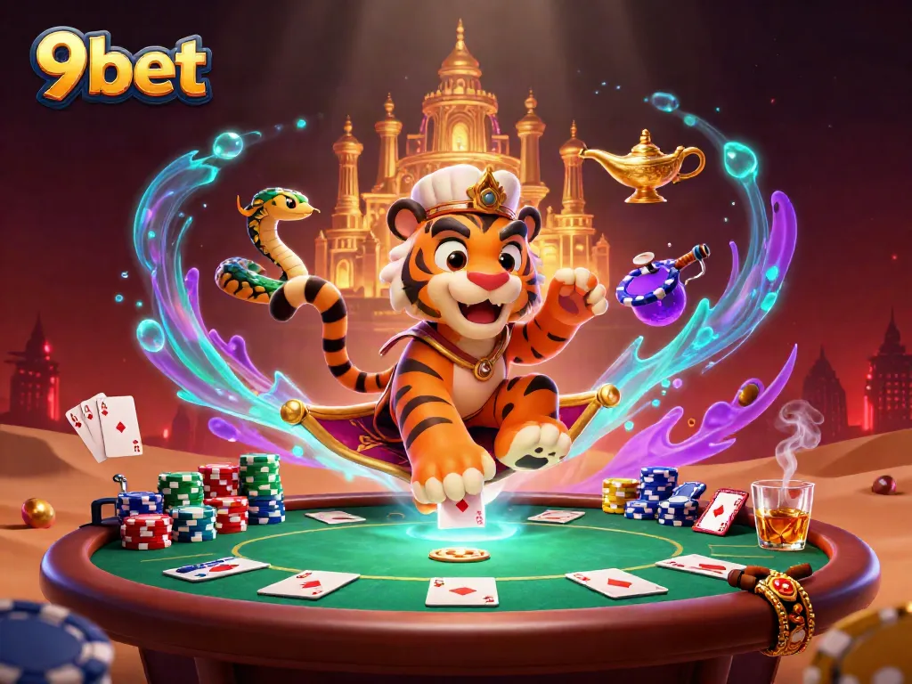 Experience thrilling gameplay with 9bet in a vibrant Arabian Nights scene featuring a tiger sultan and dynamic casino elements.