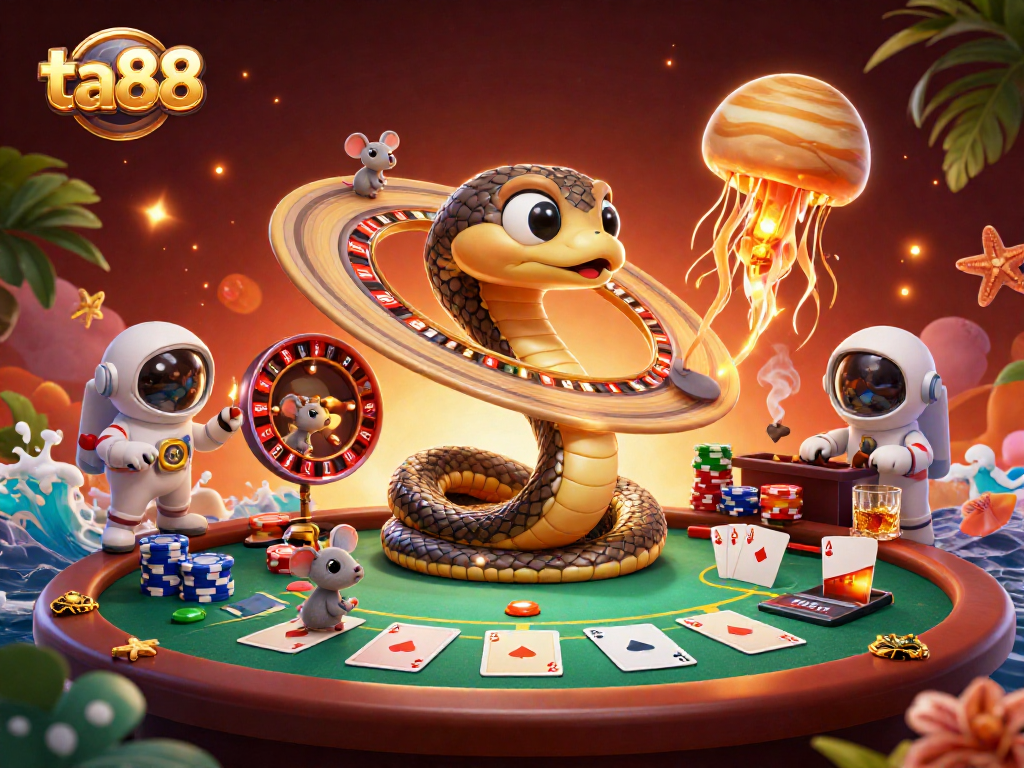 Engage with ta88 as the cosmic dealer manages bets in a vibrant 3D casino scene.