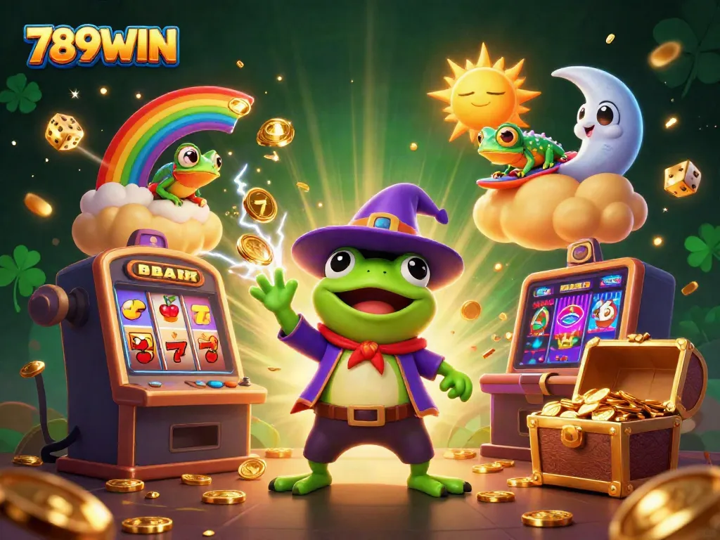 Experience thrilling gameplay with 789WIN as a wizard frog creates a golden coin storm!