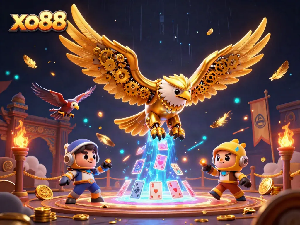 Experience thrilling gaming action with xo88's vibrant casino atmosphere featuring an exciting eagle and dynamic cards.