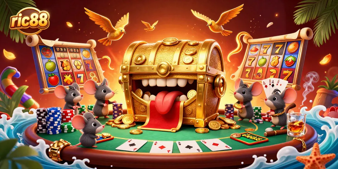 Experience the excitement of ric88 with an energetic illustration of adventurer mice seeking treasures in a vibrant casino scene.
