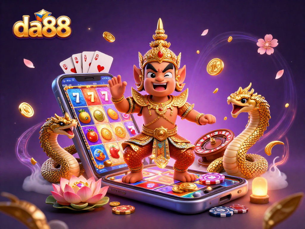 Experience exciting gaming action with da88, featuring a vibrant Thai guardian surrounded by slot games and golden coins.