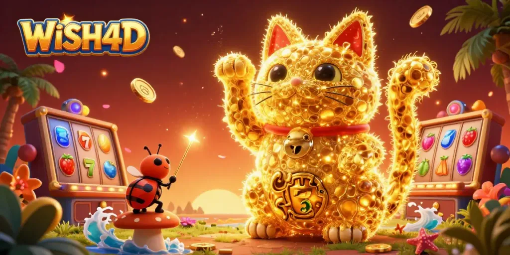 Spin slots with WISH4D's vibrant lucky cat and dynamic golden fireflies.