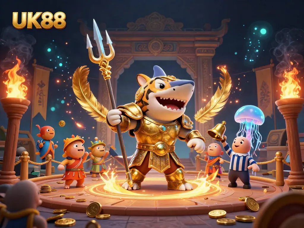 Experience thrilling betting action with UK88 in an underwater colosseum featuring a gladiator shark and vibrant atmosphere.