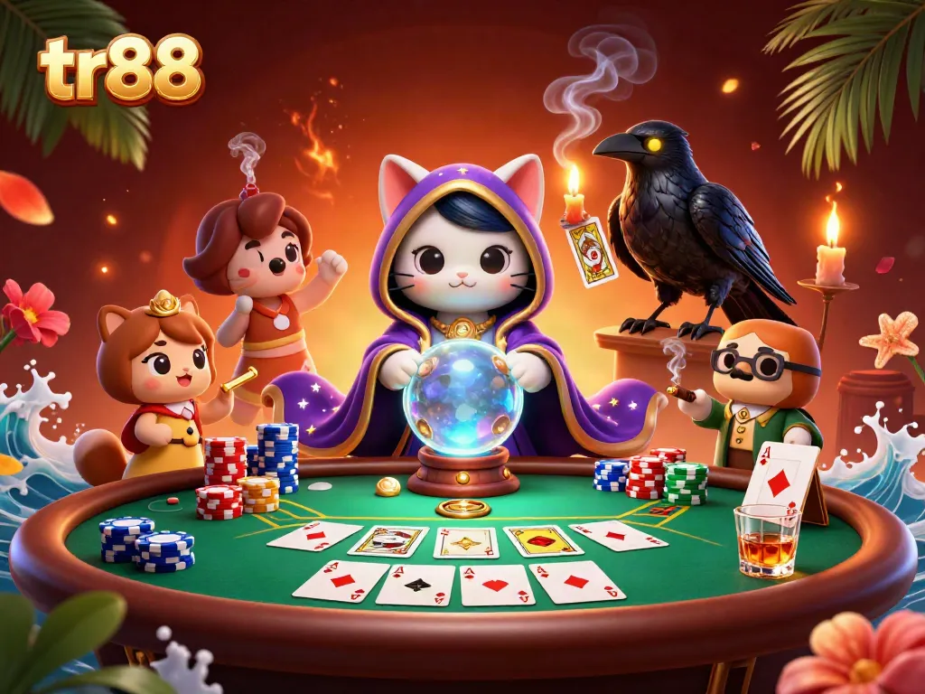 Experience magical fortune-telling with the mystical tr88 cat and tarot raven at this vibrant casino scene.